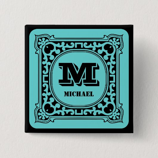 ヴィンテージグリーン装飾アルファベット名モノグラム 缶バッジ (正面)