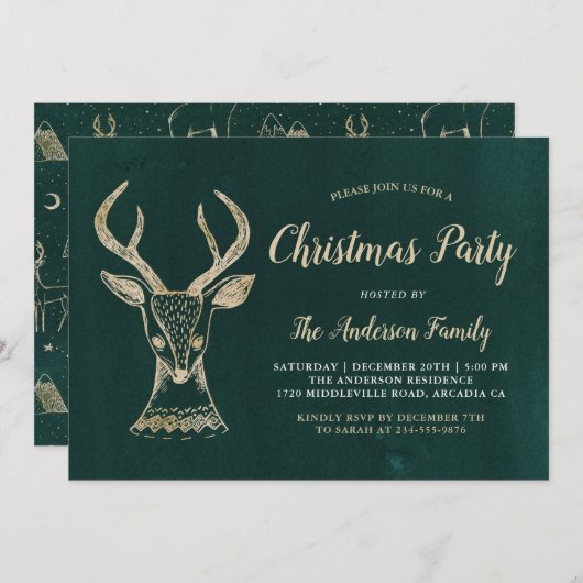 ヴィンテージグリーン金ゴールドウッドランドディアクリスマスパーティー 招待状 (正面/裏面)