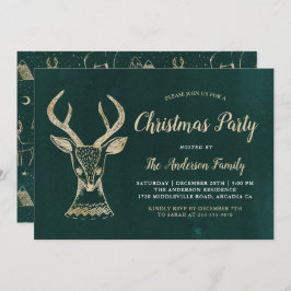 ヴィンテージグリーン金ゴールドウッドランドディアクリスマスパーティー 招待状
