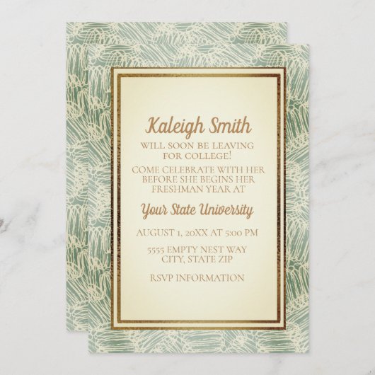 ヴィンテージグリーン金ゴールドカレッジトランクパーティー 招待状 (正面/裏面)