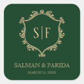 ヴィンテージグリーン金ゴールドクレストモノグラム結婚式の引き出物 スクエアシール (正面)
