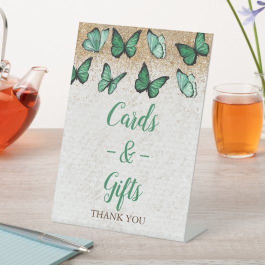 ヴィンテージグリーン金ゴールドバタフライカードとギフト 台座サイン (インサイチュ)