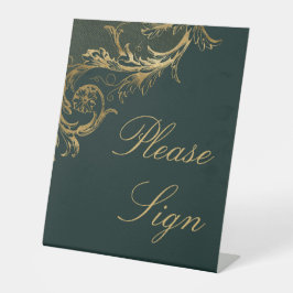 ヴィンテージグリーン金ゴールドフローラダマスクウェディング 台座サイン