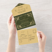 ヴィンテージグリーン金ゴールドレースバジェット結婚ズ オールインワン招待状 (貼ってはがせる)