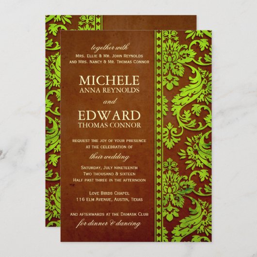 ヴィンテージグリーン&ブラウンダマスレース結婚ズ 招待状 (正面/裏面)