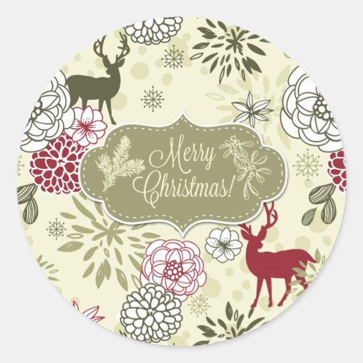 ヴィンテージグリーン/レッドディアホリデーステッカー ラウンドシール (正面)