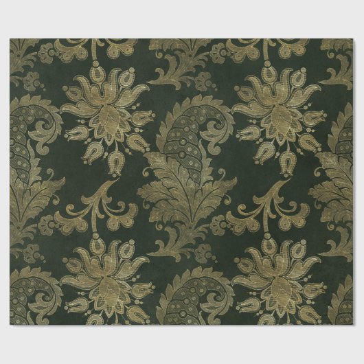 ヴィンテージグリーン&金ゴールドフェイクフローラクリスマスベルベット ラッピングペーパー (フラット)