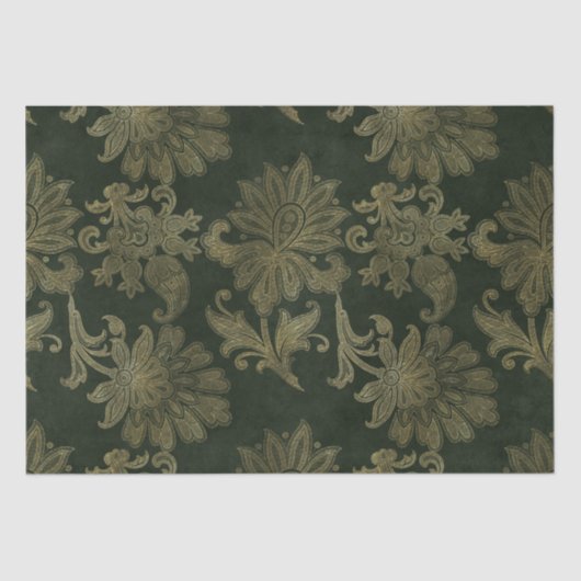 ヴィンテージグリーン&金ゴールドフェイクフローラクリスマスベルベット 薄葉紙 (正面)