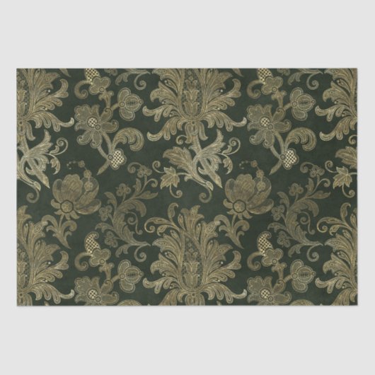 ヴィンテージグリーン&金ゴールドフェイクフローラクリスマスベルベット 薄葉紙 (正面)