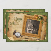 ヴィンテージグリーン、金ゴールドフレームフォトウェディング招待II 招待状 (正面/裏面)