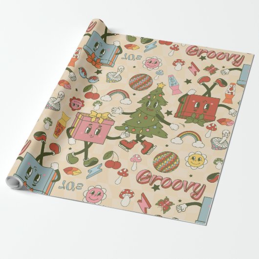 ヴィンテージグルービディスコのクリスマスツリー ラッピングペーパー (アンロールド)