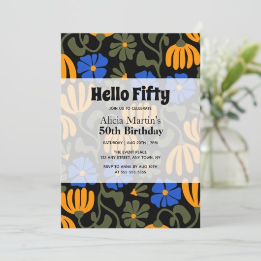 ヴィンテージグルービーフラワーハローフィフティブラック誕生日 招待状 (スタンド正面)