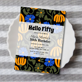 ヴィンテージグルービーフラワーハローフィフティブラック誕生日 招待状