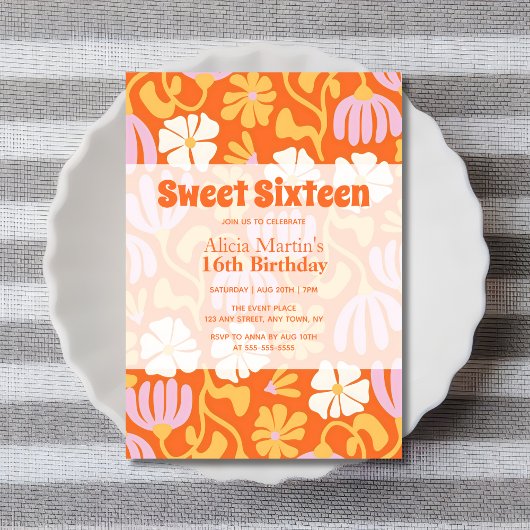 ヴィンテージグルービーフラワーSweet sixteen16誕生日 招待状