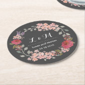 ヴィンテージグレイフローラリースモノグラムウェディングパーティー ラウンドペーパーコースター (アングル)