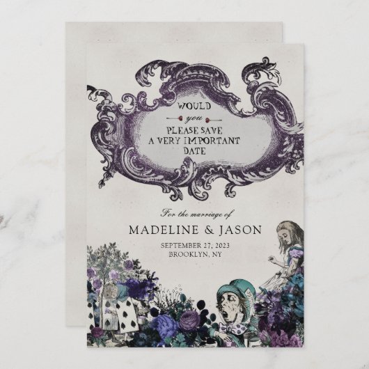 ヴィンテージグレイ暗黒のアリスのワンダーランド結婚ズ セーブザデート (正面/裏面)