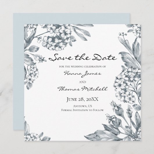 ヴィンテージグレイ植物性フローラ結婚ズ セーブザデート (正面/裏面)