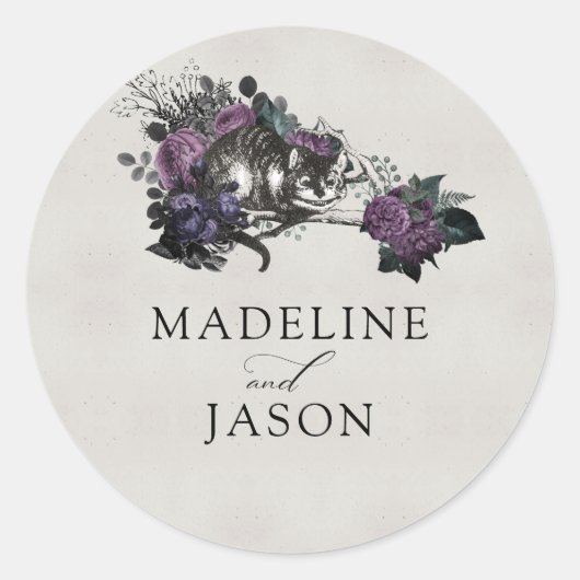 ヴィンテージグレイ濃紫プラムフローラネコ結婚ズ ラウンドシール (正面)