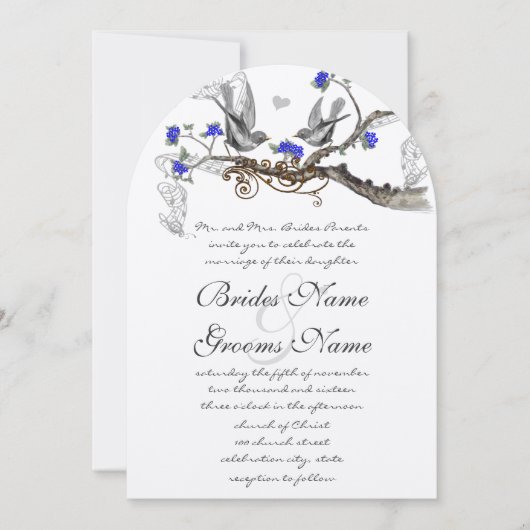 ヴィンテージグレイ王室のバーズブルーさくらんぼ 招待状 (正面)