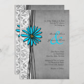 ヴィンテージグレーとブルーのデイジー結婚式招待状 招待状 (正面/裏面)