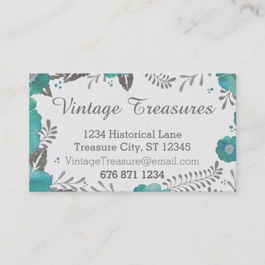 ヴィンテージグレーとミント素朴フローラルパターン 名刺 (正面)