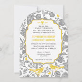 ヴィンテージグレーと黄色のフローララブバード結婚ズ 招待状 (正面)