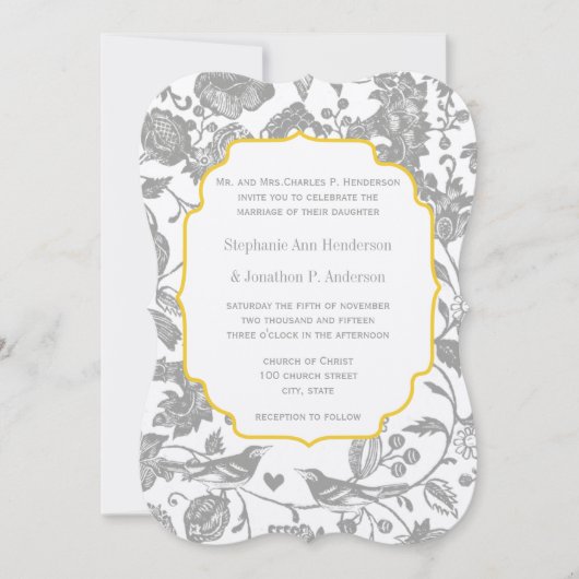 ヴィンテージグレーと黄色のフローララブバード結婚ズ 招待状 (正面)
