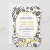 ヴィンテージグレーと黄色のフローララブバード結婚ズ 招待状 (正面)