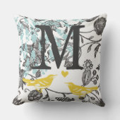 ヴィンテージグレーイエローブルーロベバードフローラモノグラム クッション (正面)