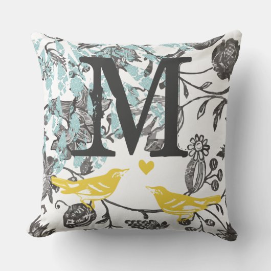 ヴィンテージグレーイエローブルーロベバードフローラモノグラム クッション (正面)