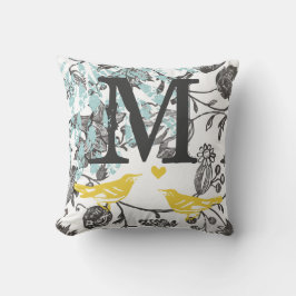 ヴィンテージグレーイエローブルーロベバードフローラモノグラム クッション