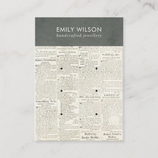 ヴィンテージグレーオールド新聞3スタッドイヤリングディスプレイ 名刺 (正面)