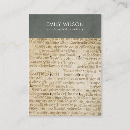 ヴィンテージグレーオールド新聞3スタッドイヤリングディスプレイ  名刺 (正面)