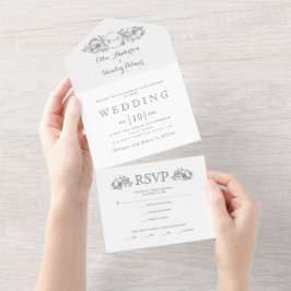 ヴィンテージグレーフローラフレーム、イニシャル白結婚色 オールインワン招待状