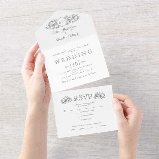ヴィンテージグレーフローラフレーム、イニシャル白結婚色 オールインワン招待状 (貼ってはがせる)