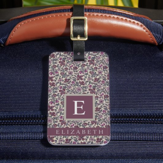 ヴィンテージグレーフローラライトダークパープル花 ラゲッジタグ (正面インサイチュ2)