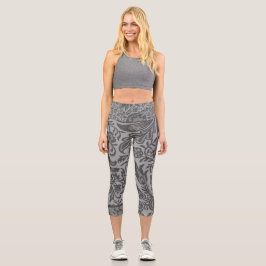 ヴィンテージグレーフローラ植物模様 カプリレギンス