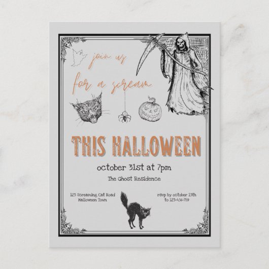 ヴィンテージグレーブラックオレンジハローウィンパーティ ポストカード (正面)