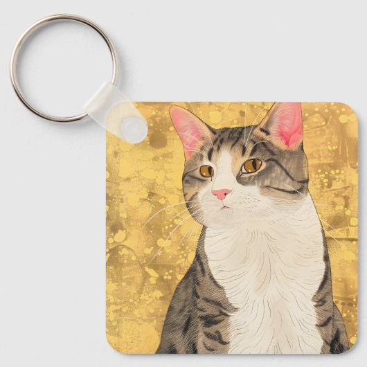ヴィンテージグレーホワイトキャットポートレート キーホルダー (正面)