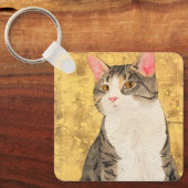ヴィンテージグレーホワイトキャットポートレート キーホルダー (正面)