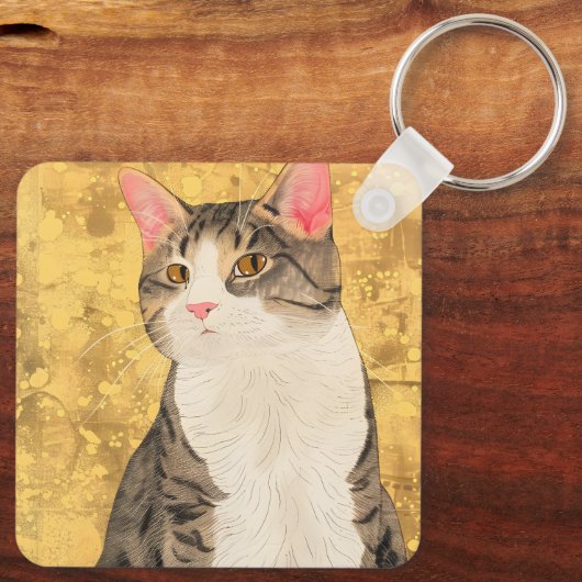 ヴィンテージグレーホワイトキャットポートレート キーホルダー (裏面)