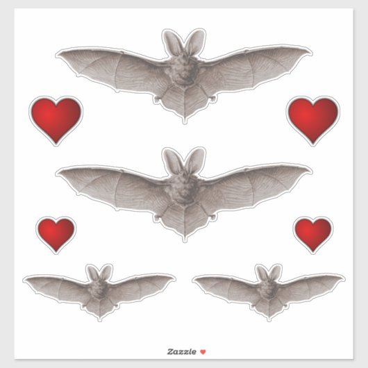 ヴィンテージグレーヴァンパイアこうもりと赤いハートこうもりラブ シール (シート)