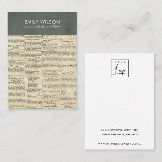 ヴィンテージグレー古新聞ネックレスバンドディスプレイ 名刺 (正面/裏面)