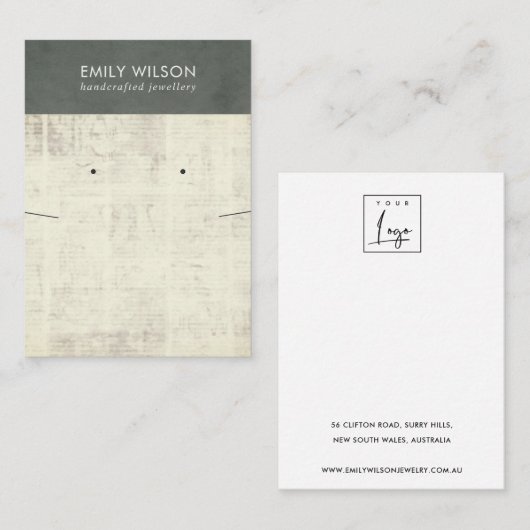 ヴィンテージグレー新聞ネックレスイヤリング表示部 名刺 (正面/裏面)