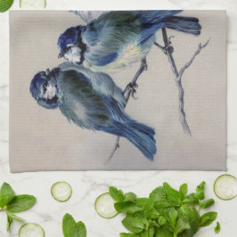 ヴィンテージグレー水色の鳥 キッチンタオル
