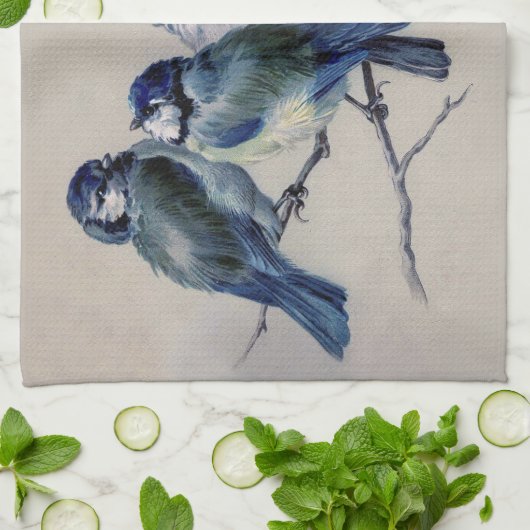 ヴィンテージグレー水色の鳥 キッチンタオル (折り畳み)
