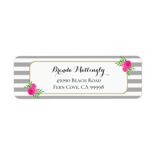 ヴィンテージグレー白ストライプ色ピンク水色フローラ ラベル (正面)