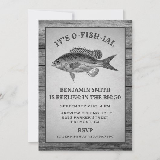 ヴィンテージグレー魚釣り誕生日パーティーの招待 招待状 (正面)