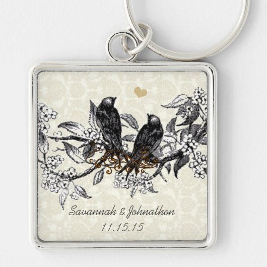 ヴィンテージグレー鳥の手描き開花キーチェーン キーホルダー (正面)