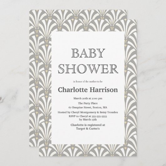 ヴィンテージグレー&ホワイトアールデコファン赤ちゃんシャワー 招待状 (正面/裏面)